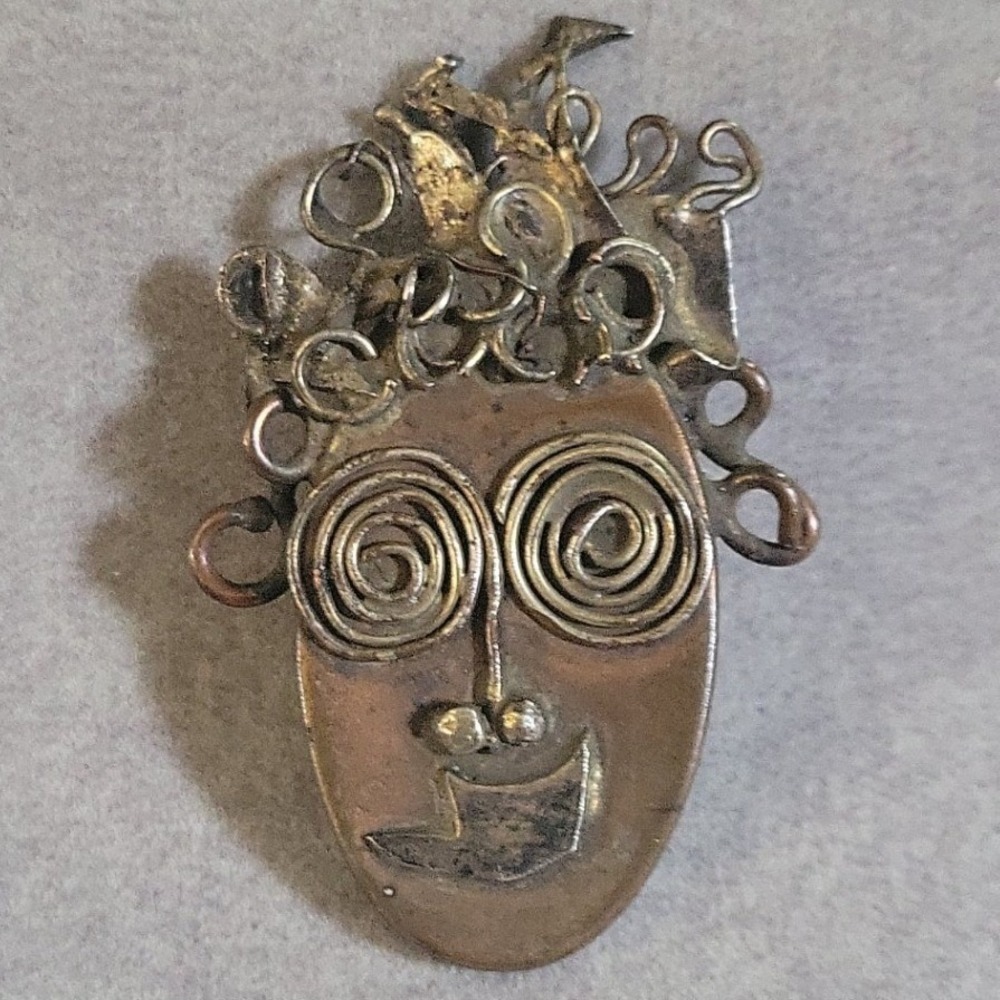 Freddissimo Studio Art Mixed Metal Face Pin Brooch 2 inch Eclectic